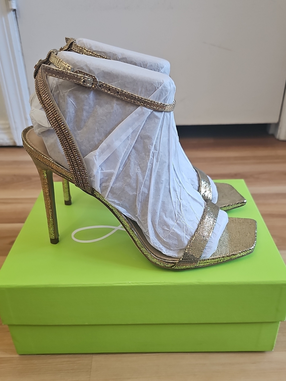 NEW Sam Edelman "Ophelia" Gold Metallic Rhinestone Strappy High Heel Sandals